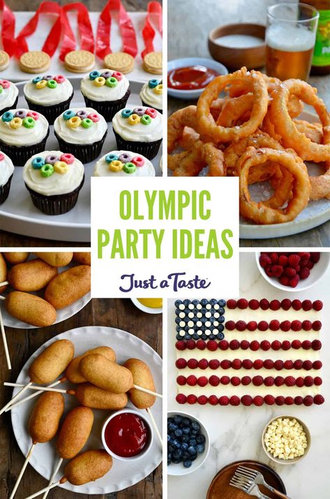 Olympic-Themed Party Ideas Olympic Theme Food Ideas, Olympic Appetizers, Olympic Food Ideas, Olympic Party Ideas, Olympic Themed Snacks, Olympic Cupcakes, Olympic Desserts, Olympic Party Food, Olympic Snacks