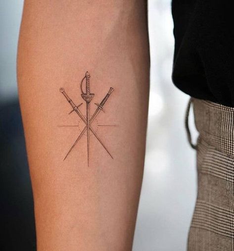 3 Swords Tattoo, Crossed Swords Tattoo, Thigh Tats Men, Swords Tattoo, Tricep Tattoos, Sleeve Tattoos For Guys, Simple Arm Tattoos, Wolf Tattoo Sleeve, Crossed Swords