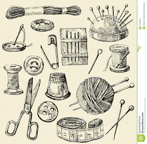 Sewing Tattoos, Thread Needle, Sewing Equipment, Object Drawing, Drawn Thread, Yarn Knitting, Couture Vintage, Sewing Art, Vintage Printables