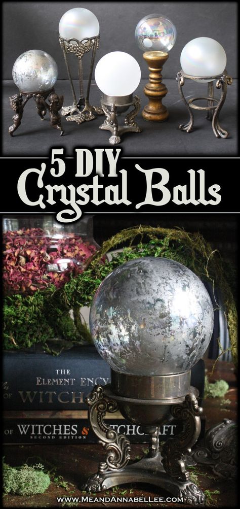 5 Easy Ideas for DIY Crystal Balls | Halloween Crafts and Decorations | Witches Dinner Party Table Setting | Frosted Glass and Faux Mercury Glass Tutorials | Pagan Fortune Telling | Gazing Balls |www.MeandAnnabelLee.com Witches Dinner Party, Witches Dinner, Diy Halloween Dekoration, Witches Halloween Party, Dinner Party Table Settings, Gazing Balls, Annabel Lee, Halloween Decor Diy, Dinner Party Table