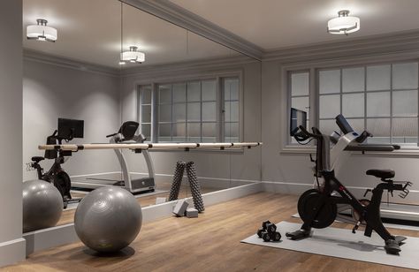 Presidio Heights II : Heather Hilliard Full Wall Mirror Gym, Exercise Room Mirrors, House Gym Room Small Spaces, Exercise Room Design, Home Gym Wall Mirrors, Basement Must Haves, Chic Home Gym, Wellness Room At Home, Home Exercise Room