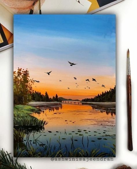 Sunset Canvas Painting, Sky Art Painting, Painting Ideas For Beginners, Canvas For Beginners, Canvas Painting Ideas, Scenery Paintings, Canvas Drawings, Easy Canvas Painting, Canvas Painting Designs