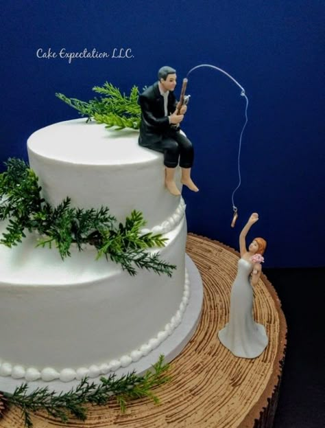 Fishing themed wedding cake Fishing Theme Wedding Cake, Fisherman Wedding Ideas, Fishing Grooms Cake, Fishing Birthday Cakes, Lake Wedding Cake, Fishing Wedding Ideas, Lavender And Navy Wedding, Fishing Wedding Cake, Grooms Cake Hunting