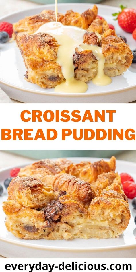 Dessert Croissant Recipe, Bread Pudding With Croissants, Leftover Croissants, Dessert Croissant, Crossiant Recipes, Chocolate Chip Bread Pudding, Croissant Bread Pudding, Breakfast Casserole With Biscuits, Bread Pudding Easy