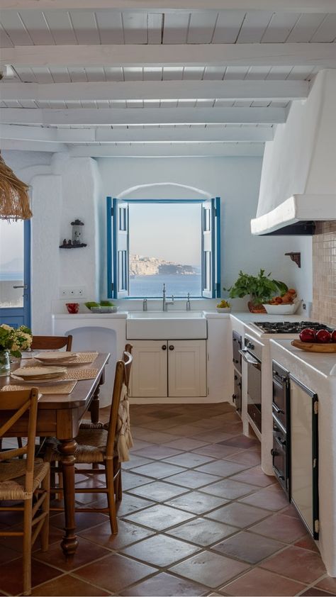 Greek Coastal Kitchen Greek Kitchen Design, Greek Cottage, Medditeranean Style Home, Coastal Kitchens, Greek Kitchen, Rustic Wooden Furniture, Blue Shutters, Mediterranean Kitchen, Kitchen Lounge