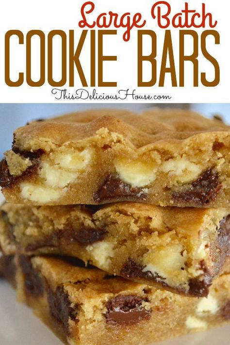 Large Batch Cookie Bars have an entire bag each of white chocolate and chocolate chips! Don't miss this easy recipe for moist and delicious cookie bars that are tasty and simple cookie dessert to feed a crowd! #largebatchcookiebars #chocolatechipcookiebars Bar Cookies Recipes For A Crowd Sheet Pan, Sheet Pan Bars For A Crowd, Large Batch Baking, Easy Desserts For A Crowd Finger Food, Sheet Cookies Recipe, Easy Baking Recipes Desserts 3 Ingredients, Cookie Bars Sheet Pan, Sheet Pan Cookie Bars, Dessert To Feed A Crowd