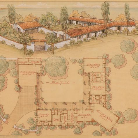 In this early hacienda style version of the ranch house, Cliff May creates privacy with a patio that is surrounded by the house and garage on three sides, with a walled-off fourth side, as well as a gated motor court. Each room in the house opens onto the inner courtyard, and the property is shown in the rendering facing out towards the Pacific Ocean. The living room is off-set and protrudes from the corner of the house to take advantage of the view in three directions. Hacienda Floor Plans, Living Off Grid, Architecture Museum, Cliff May, California Santa Barbara, Motor Court, Mission Style Homes, Hacienda Homes, Spanish Hacienda