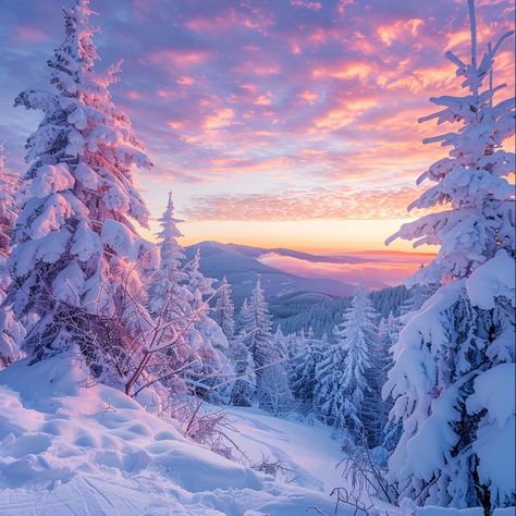 Winter Wonderland Sunrise: A breathtaking sunrise paints the sky in vibrant hues over a serene snow-covered mountain landscape. #winter #sunrise #snow #nature #landscape #trees #sky #morning #aiart #aiphoto #stockcake https://ayr.app/l/g62H Beginning Of Winter Aesthetic, Aesthetic Winter Landscape, Abstract Winter Landscape, Painting Of Snow, Snowy Mountains Photography, Winter Wonderland Landscape, Winter Landscape Aesthetic, Winter Sky Painting, Christmas Landscape Photography