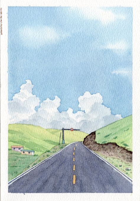 Blue Sky Landscape Painting, Watercolour Inspo Aesthetic, Watercolor Road Painting, Watercolour Landscape Simple, One Point Perspective Watercolor, Aesthetic Watercolour Painting Ideas, Watercolor And Line Art, Cute Landscape Drawing, Beginner Watercolor Painting Ideas