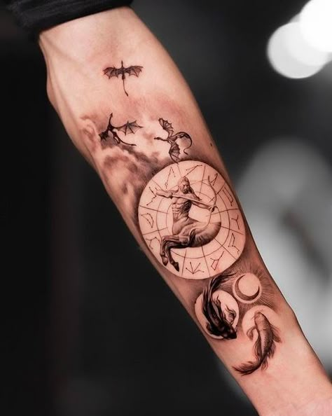 Sagittarius Symbol Tattoo, Sagittarius Tattoo Ideas, Half Sleeve Tattoos Wolf, Forearm Tattoo For Men, Archer Tattoo, Attractive Tattoos, Sagittarius Tattoo Designs, Sagittarius Symbol, Tattoo After Care