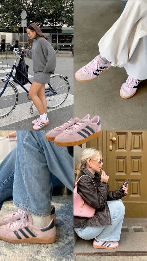 Pink And Blue Gazelle Outfit, Styling Spezial Adidas, Spring Sneakers 2025, Pink Shoe Outfits For Women, Spezial Outfits Girl, Pink And Navy Spezials Outfit, Adidas Pink Spezial, Funky Sneakers Outfit, Spezial Shoes Outfit