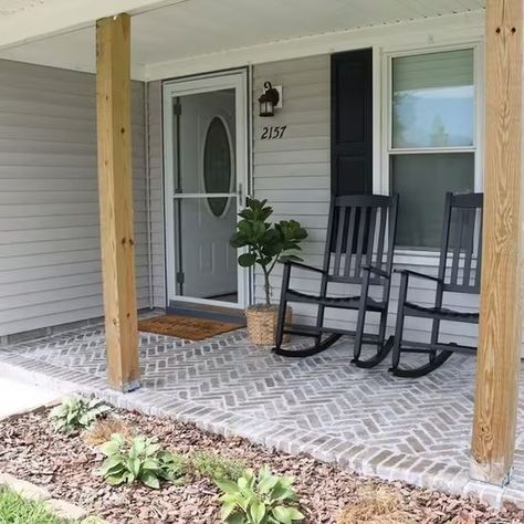 Rental Property Remodel, Front Porch Tile, Tiled Entrance, Brick Veneer Panels, Herringbone Brick Floor, Brick Herringbone, Old Mill Brick, Herringbone Brick, Brick Porch