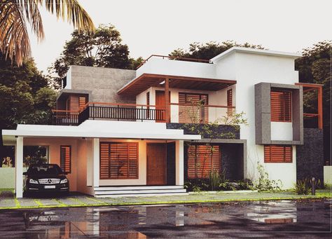 1739 Sq-ft 4 Bedroom Contemporary Home - Kerala Home Design And Floor 2100 Sq Ft House Plans 4 Bedroom, Kerala Style House Elevation, Contemporary House Exterior Kerala, Kerala Home Design, 4 Bedroom House Designs, House Plans With Photos, Kerala Home, Modern Exterior House, Contemporary House Exterior