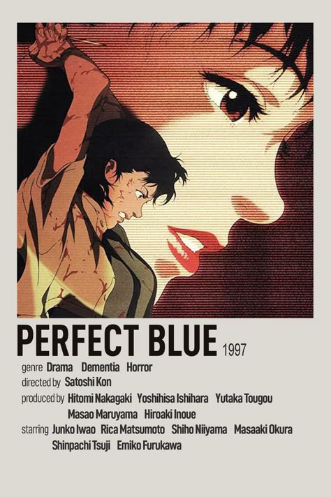 Perfect Blue Movie Poster, Perfect Blue Minimalist Poster, Perfect Blue Polaroid Poster, 90s Anime Recommendations, Perfect Blue Poster, Live Wallpaper Anime, Relatable Illustrations, Anime Minimalist Poster, Japanese Animated Movies