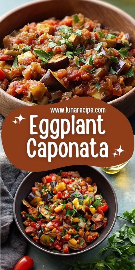 Elevate your appetizers with this classic Eggplant Caponata, a rich and tangy Sicilian dish made with roasted eggplant, olives, capers, and a sweet-tart tomato sauce. This versatile spread works perfectly as a topping for crostini or as a side dish for any Italian meal. 🍽️✨ Click to get the recipe and Pin this for your next dinner party! #VeganRecipes #EggplantCaponata #MediterraneanDiet #ItalianFood #HealthyEating #AppetizerIdeas #VeganCooking Pasta Caponata, Best Italian Salad, Party Food Simple, Eggplant Caponata Recipe, Eggplant Relish, Caponata Recipe, Italian Eggplant, Eggplant Caponata, Italian Dinner Recipes