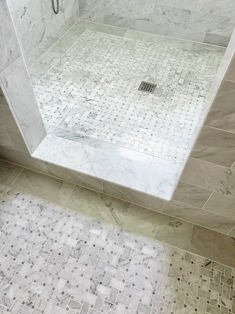 Encaustic Tiles Bathroom Floor, Marble Victorian Bathroom, Marble Shower Floor Tile, Marble Bathroom Tile Combinations, Hampton Carrara Bathroom, Carrara Marble Subway Tile Bathroom, Hampton Style Tiles, Marble Mosaic Tiles Bathroom, Porcelain Mosaic Tile Shower Floor