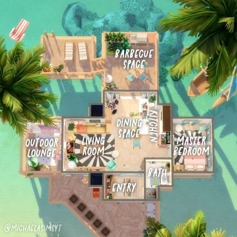 Michaela Sims | Sims 4 Builder ✨🇨🇿 on Instagram: "The floor plan of my Mermaid’s Beach Home 🧜🏼‍♀️ I really had a lot of fun playing with a very colorful color scheme in here! I don't do it very often, but I really enjoyed it! 🩵 Sulani 🩵 30x20 🩵 $43,464 🩵 Origin ID: michaelasimsyt 🩵 Speed build on my YT channel, link in bio ✦ EP: Growing Together, High School Years, Cottage Living, Snowy Escape, Eco Lifestyle, Discover University, Island Living, Seasons, Cats and Dogs, Get Together ✦ GP: Sims 4 Beach House Floor Plans, Small Beach House Floor Plans, Sims 4 Island Living House, Sulani Homes Sims 4, Beach House Floor Plan, Island House Plans, Sims 4 Beach House, Movie Hangout, Sims 4 Exterior