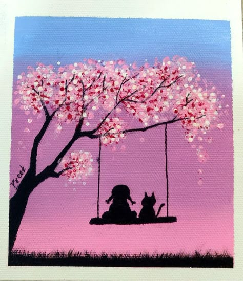 Painting Ideas Blossom Tree, Cherry Tree Painting Easy, Painting Ideas On Canvas Cherry Blossoms, Easy Sakura Painting, Painting Ideas On Canvas Japanese, Acrylic Painting Ideas Cat, Japanese Cherry Blossom Painting Easy, Cherry Blossom Tree Drawing Simple, Cherry Blossom Tree Painting Easy