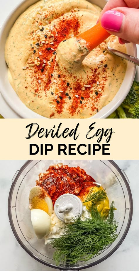 This delicious deviled egg dip is made with cottage cheese, a hardboiled egg, dill, mustard, and plenty of spices! It's a fantastic, savory dip recipe that everyone will love Deviled Egg Spread, Cottage Cheese Everything Bagel Dip, Deviled Eggs Dip, Deviled Egg Dip Recipe, Egg Salad Dip, Hardboiled Egg Recipe, Best Dip Recipe, Christmas Recipes Savory, Chip And Dip Recipes