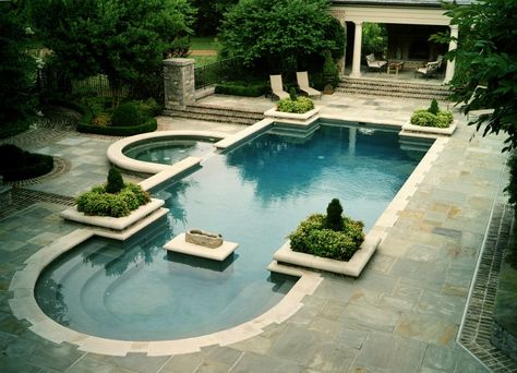 Hydrazzo | French Grey French Pool Landscape, Backyard Hardscape Ideas With Pool, French Pool Design, French Pool, Roman Pool, French Patio, Pool Inspiration, Pool Finishes, Pool Fountain