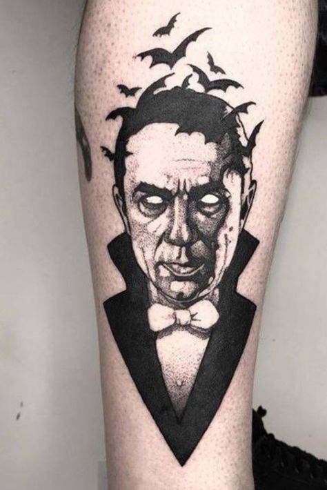 Bela Lugosi Dracula Tattoo, Dracula Tattoo Design, Traditional Dracula Tattoo, Dracula Tattoo Vampires, Horror Sleeve Tattoo, Universal Monsters Tattoo, Nosferatu Tattoo, Monster Tattoos, Vampire Tattoo Designs