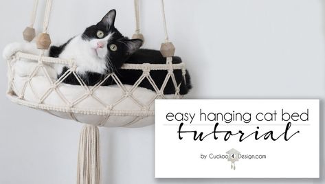 Can you believe that only two macrame knots are needed to make this simple and cute hanging macrame DIY cat bed. Cat Hammock Macrame Diy, Cat Bed Macrame Tutorial, Macrame Cat Bed Tutorial, Diy Hanging Cat Bed, Diy Macrame Cat Hammock Tutorial, Macrame Cat Bed Diy, Macrame Cat Hammock Pattern, Macrame Cat Hammock Pattern Free, Diy Cat Accessories