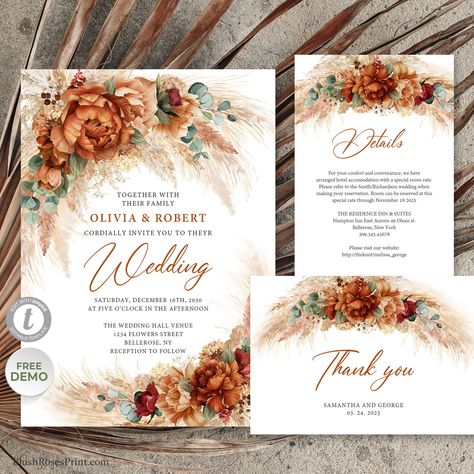 Terracotta Wedding Invitations Templates, Burnt Orange Wedding Invites, Rusty Rose Wedding, Burgundy And Burnt Orange Wedding, Burnt Orange Wedding Invitations, Orange Flowers Wedding, Rusty Orange Wedding, Copper Wedding Invitations, Burnt Orange Flowers