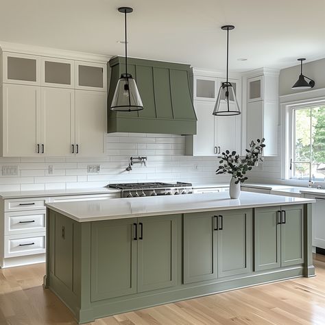 Kitchen With Olive Green Island, White Countertops With Green Cabinets, White Counters Green Cabinets, Kitchen Green Island White Cabinets, Sage Black And White Kitchen, Green Two Toned Kitchen Cabinets, Dark Green Island White Cabinets, Cream Cabinets Green Island, Kitchen Different Color Island