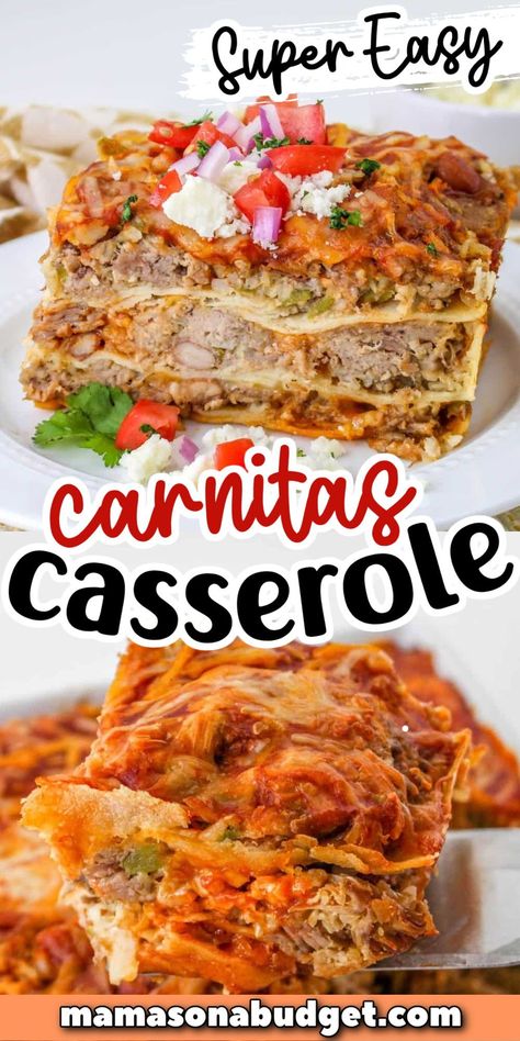 This Carnitas Casserole is so easy to make! Layers of tender pork, corn tortillas, and cheesy goodness make up this easy casserole. A great weeknight dinner. And, the perfect way to use leftover carnitas! Casserole With Corn Tortillas, Carnitas Casserole Recipes, Corn Tortilla Casserole Recipes, Carnitas Casserole, Carnitas Enchiladas Casserole, Carnitas Leftover Ideas, Leftover Carnitas Recipes, Carnita Meat Leftovers, Leftover Pork Carnitas Recipe