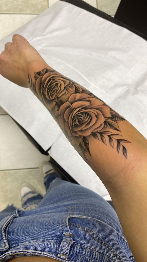 Forarm Tattoos Woman With Meaning, Rose Sleeve Tattoo Women Forearm, Sleeve Tattoos For Women Roses, Rose Arm Tattoos For Women Forearm, Shoulder And Arm Tattoos For Women, Rose On Arm Tattoo, Cute Forearm Tattoos For Women, Front Arm Tattoo Woman, Forearm Tats For Women