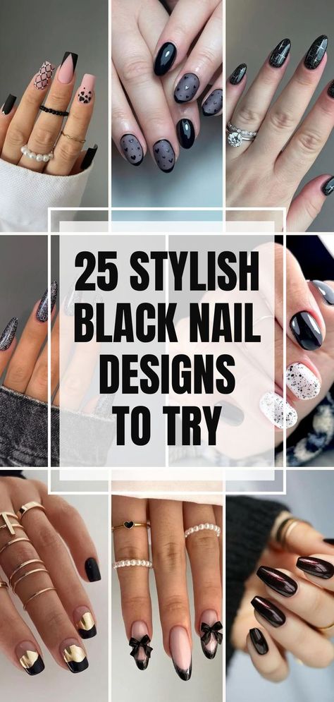 Step into the world of gothic glam with 25 dark and dazzling black nail designs! Embrace sophistication and edge with these bold styles. From chic minimalism to intricate patterns, these designs will elevate your nail game. Try them for an unforgettable glam look! ✨🖤 #BlackNailDesigns #GothicGlam #DazzlingManicure #NailArtInspiration #BeautyTrends #EdgyNails #NailGoals Edgy Manicure Ideas, Fall Nails Edgy, Black Nails Fall Design, Black Gel Polish Nail Designs, Black Minimalist Nail Designs, Short Gothic Nails Acrylic, Gothic Glam Nails, Boho Acrylic Nails Design, Black Full Set Nails Acrylics