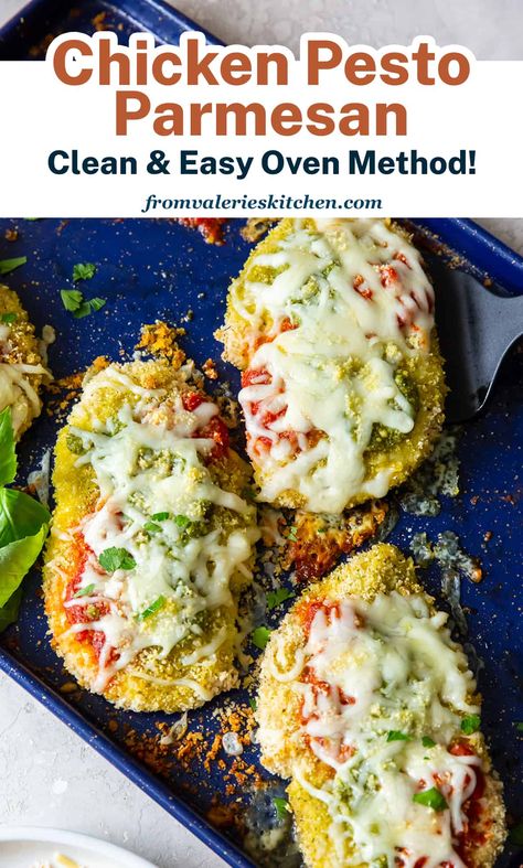 Chicken Parmesan is updated with a little pesto and a clean and easy baking method. Baked Chicken Pesto Parmesan is a fast and easy meal your family will love! Baked Chicken Pesto, Basil Pesto Chicken, Baked Pesto Chicken, Healthy Pesto, Chicken Pesto, Just Go For It, Favorite Recipes Chicken, Breaded Chicken Breast, Chicken Parmigiana