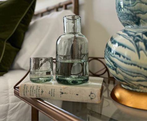 Glassware– Liza Pruitt Bed Side Water Carafe, Bedside Water Carafe Aesthetic, Bedside Carafe Aesthetic, Carafe Aesthetic, Water Carafe Bedside, Bedside Water, Apartment Necessities, Bedside Water Carafe, Bedside Carafe