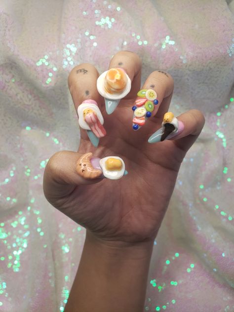 3D Gudetama nailart. The cutest breakfast set you wouldn’t want to eat. #nailartideas #gudetamanails #3dnailart #breakfastnails Breakfast Nail Art, Gudetama Nails, Breakfast Nails, Nail Contest, Cut Nails, Kawaii Nail Art, Food Nails, How To Cut Nails, Breakfast Set