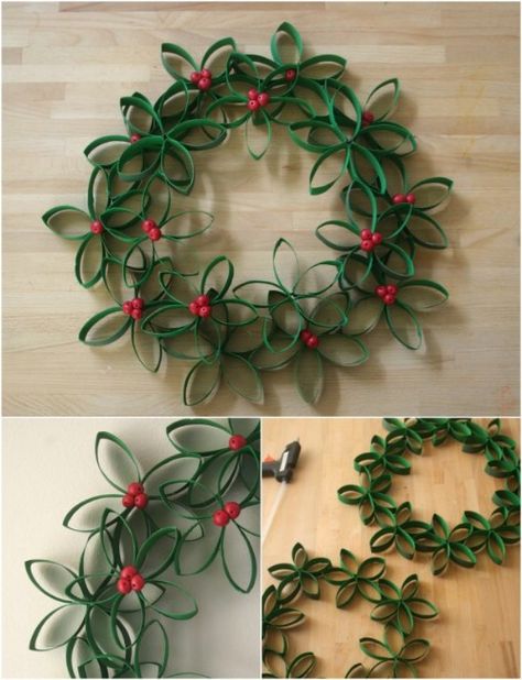 Toilet Roll Wreath Make A Wreath, Rolled Paper Art, Toilet Paper Crafts, Toilet Paper Roll Crafts, Paper Roll Crafts, Beautiful Decoration, Craft Paper, Xmas Crafts, Christmas Deco