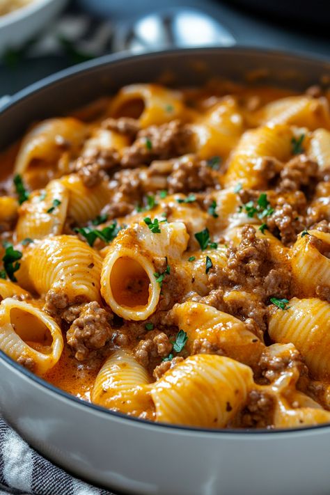 Creamy Beef and Shells Found Beef Dinner, Cheesy Beefy Shells, Mini Pasta Shell Recipes, Ground Beef Shell Pasta, Fusilli Pasta Recipes Ground Beef, Easy Balanced Dinner Recipes, Ground Beef Weeknight Dinner, One Pot Creamy Beef And Shells, Beefy Cheesy Pasta