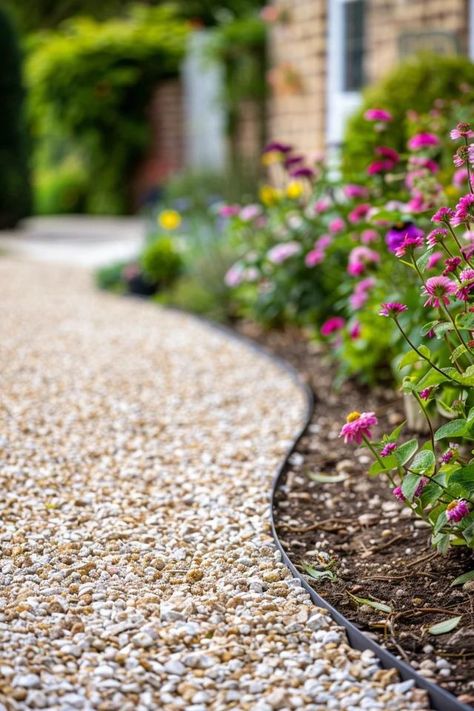 Budget-Friendly Gravel Driveway Edging Ideas Stone Driveway Edging Ideas, Gravel Garden Edging, Budget Driveway Ideas, Driveway On A Budget, Landscaping Driveway Edge, Edging Gravel Driveway, Extra Parking Ideas Driveway, Gravel Front Garden Ideas Uk, Small Gravel Driveway Ideas