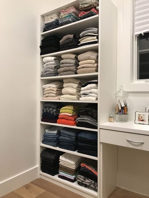 How to update your closet to gain a ton more space! This closet was re-organized by professional organizer Samantha Pregenzer of SO | Home. The closet update was featured in Better Homes & Gardens magazine because of the simple diy update. Check this out! #closetorganization #closet #mastercloset #storageideas #bhg #diy #professionalorganizer Woredrobe Organization Ideas, Guest Bedroom Closet Organization, Jean Organization Closet, Clothing Closet Organization Ideas, Bookshelf Closet Organization, Big Closet Organization, Clothing Closet Organization, Armoire Decor, Clean Wardrobe