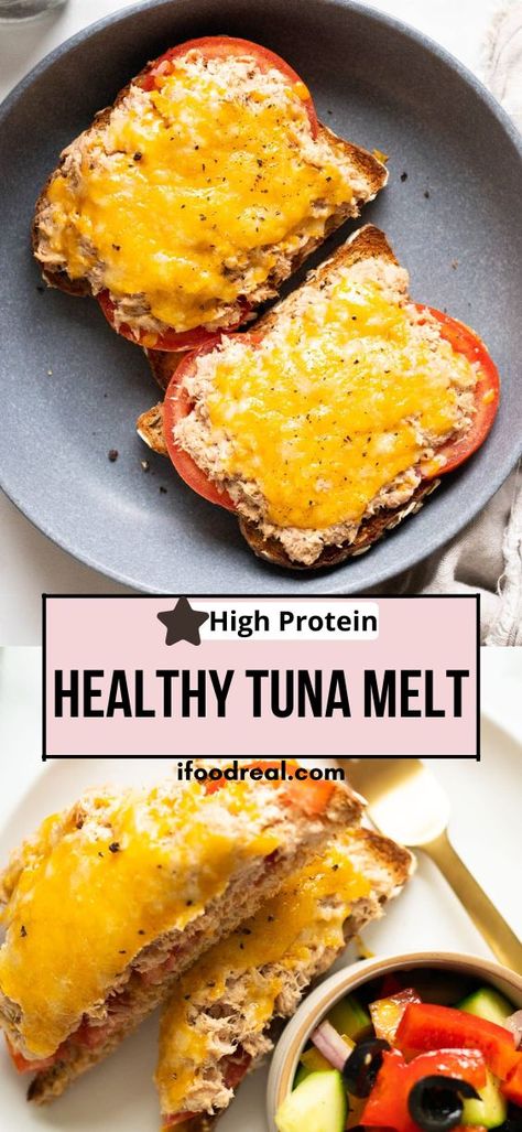 Healthy Tuna Melt recipe with canned tuna, a bit of cream cheese and no mayo, served on a slice of whole grain bread. Easy 10 minute lunch or dinner! The Best Tuna Melt, How To Use Canned Tuna, Tuna Supper Ideas, Tomato Tuna Melt, Canned Tuna Air Fryer Recipes, Bariatric Tuna Recipes, High Protein Tuna Melt, Healthy Tuna Wraps For Lunch, Canned Tuna Recipes No Mayo