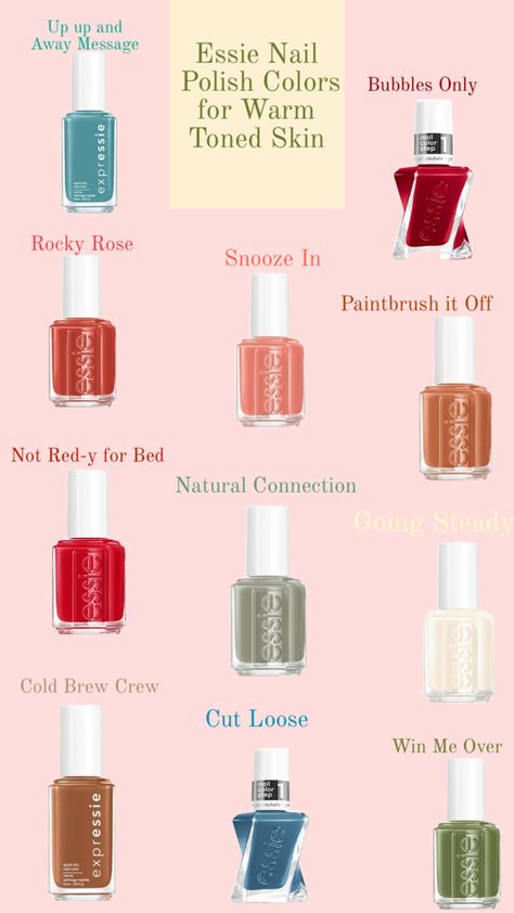 Essie Nail Polish for Warm Toned Skin #softautumn #deepautumn #trueautumn #lightspring #brightspring #warmspring #nailpolish #essie #essienailpolish Warm Spring Color Palette, Spring Nail Polish, Autumn Color Palette, Warm Skin Tone, Spring Color Palette, Fall Color Palette, Essie Nail Polish, Warm Tone, Essie Nail