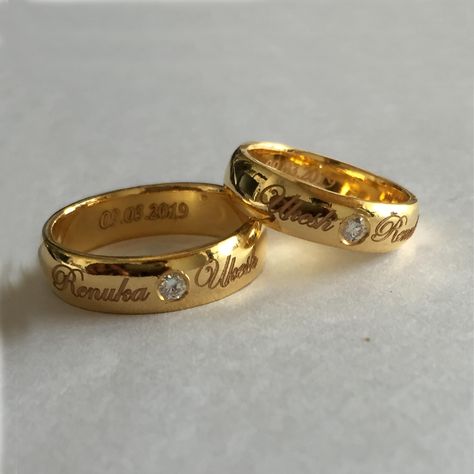 Custom Platinum Rings, Gold Rings, Name Engraved Platinum Rings & Diamond Rings Wedding Ring With Name, Christian Wedding Rings, Gold Engagement Ring Designs, Indian Engagement Ring, Indian Wedding Rings, Couple Rings Gold, Model Wedding, Gold Stacking Rings Wedding, Couple Ring Design