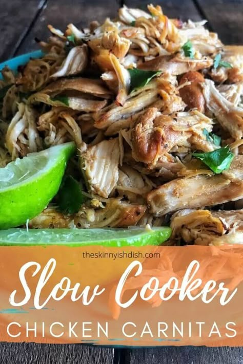 Slow Cooker Chicken Carnitas is a fresh and delicious take on the classic carnitas made with pork. Slow-cooked in lime and orange juice, adobo sauce with chipotle peppers, onions, and spices. Then broiled to aid in drop-dead delicious and slightly crispy bits. These Chicken Carnitas will become your new obsession! Throw this chicken into a taco, burrito, burrito bowl, or salad and dig in. #slowcooker #chickencarnitas Chicken Carnitas, Skinnyish Dish, Taco Burrito, Chipotle Peppers, Ww Meals, Healthy Tacos, Adobo Sauce, Burrito Bowl, Weight Watcher Recipes