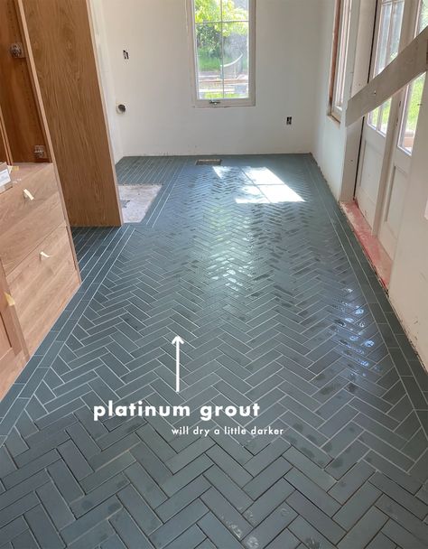 The Bathroom Tile Grout "Trend" We Are Trying - Matching Tile To Grout to Create A Monochrome Look - Emily Henderson Bathroom Tile Grout, Dark Tile Bathroom, Mudroom Tile, Dark Tile Floors, Tile Grout Color, Blue Floor Tile, Grout Colors, Blue Tile Floor, Dark Blue Tile