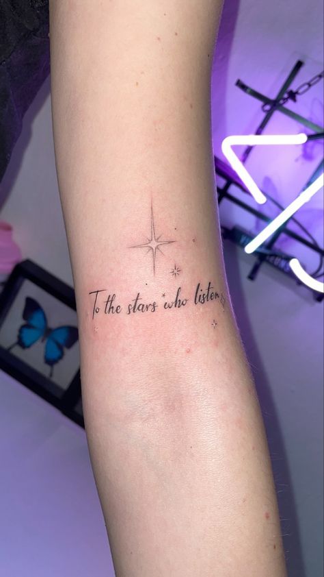 Love And Other Words Tattoo, Word Tattoos With Design Around It, Addicted To You Tattoo, Tattoos Books Inspired, Acotar Simple Tattoo, Star Inspired Tattoo, Acowar Tattoo Ideas, Regulus Star Tattoo, Acotar To The Stars Who Listen Tattoo