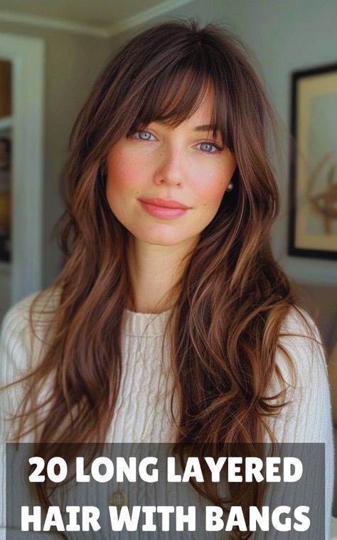 Achieve effortless glamour with these beautiful long layered hairstyles with bangs. Perfect for any occasion, these looks add volume and sophistication to your hair. Get inspired by our top picks! Haircuts For Long Hair No Styling, Fall Bangs Haircut, Best Bangs For Long Hair, Hair Styles With Fringe Bangs, Women’s Long Hair With Bangs, Bangs With Very Long Hair, Long Hair With Bangs Fine Hair, Different Style Bangs For Long Hair, Long Layers With Short Bangs