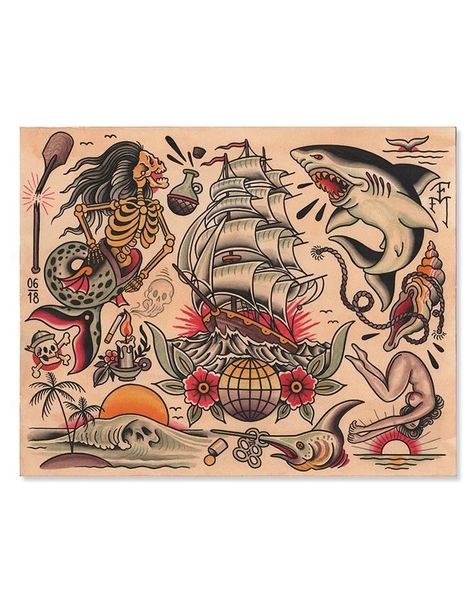 Pirate Tattoo Sleeve, Neotrad Tattoos, Traditional Nautical Tattoo, Traditional Shark Tattoo, Pirate Tattoos, Pirate Skull Tattoos, Stitch Toothless, Tattoos Ideas For Men, Nautical Tattoo Sleeve