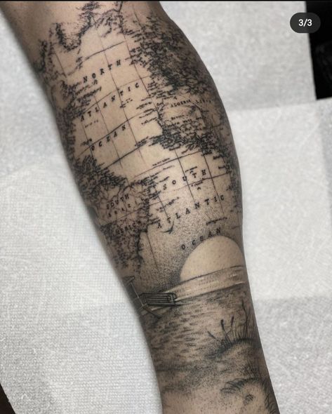 Mens Map Tattoo, Book Map Tattoo, Map Background Tattoo, Maps Tattoo Ideas, River Map Tattoo, Map Shoulder Tattoo, World Map Tattoo Sleeve, World Map Tattoo Men, Map Sleeve Tattoo