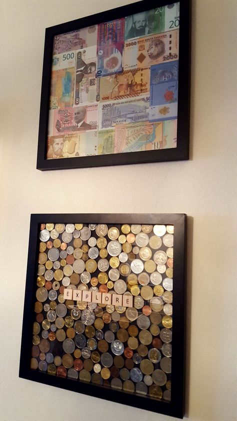 Ways To Display Keepsakes, Travel Trinkets Display, Framed Coins Ideas, Travel Pictures Display, Foreign Money Display, Travel Keepsakes Display, Money Collection Display, Vacation Wall Display, Displaying Travel Souvenirs