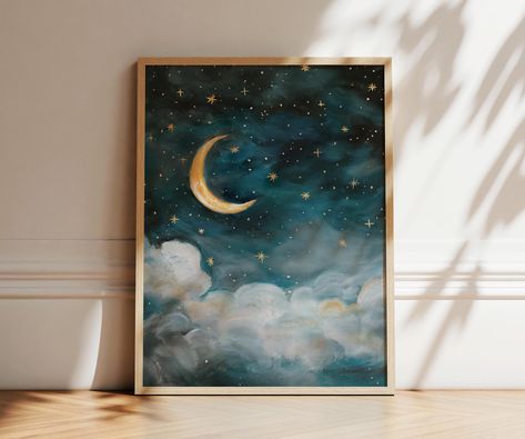 Moon and Stars Nursery Art Print, Whimsical Oil Painting, Night Sky Artwork I Love You To The Moon And Back Nursery, Oil Painting Night, Night Sky Nursery, Moon And Stars Art, Night Sky Artwork, Painting Night Sky, Moon And Stars Nursery, Night Nursery, Sky Nursery