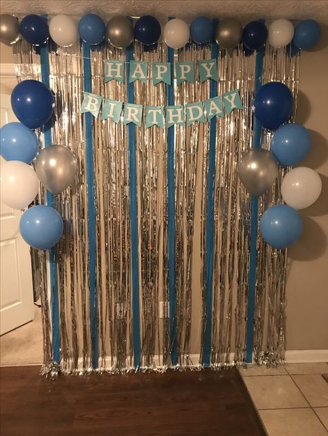 Blue & Silver birthday backdrop Birthday Backdrop Ideas At Home, Blue Party Decorations For Man, Mens Birthday Backdrop Ideas, Blue Silver Birthday Party Decorations, Birthday Decorations Background, Simple Blue Birthday Decorations, 1 St Birthday Decoration Ideas At Home, Simple Birthday Decoration At Home Ideas For Men, Happy Birthday Decoration Ideas For Men